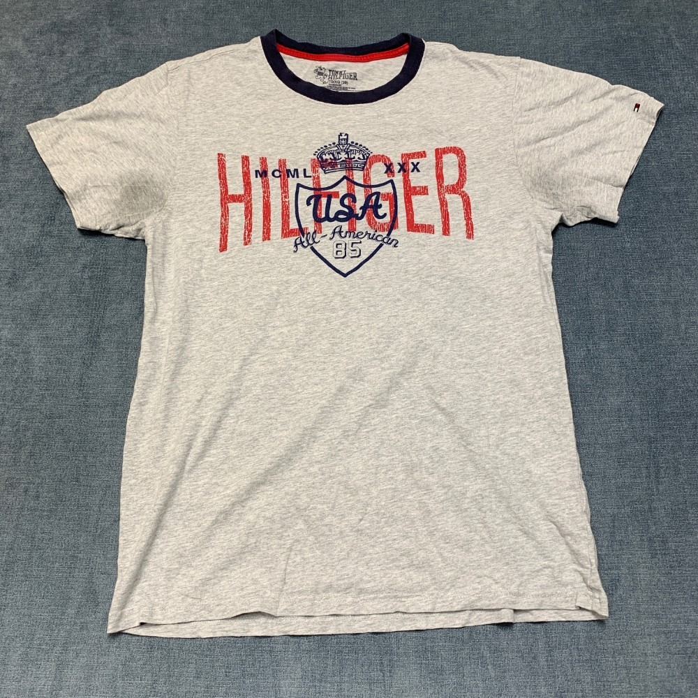 Tommy Hilfiger T-Shirt Mens XL Gray Cotton Graphic Streetwear Outdoor Casual Tee